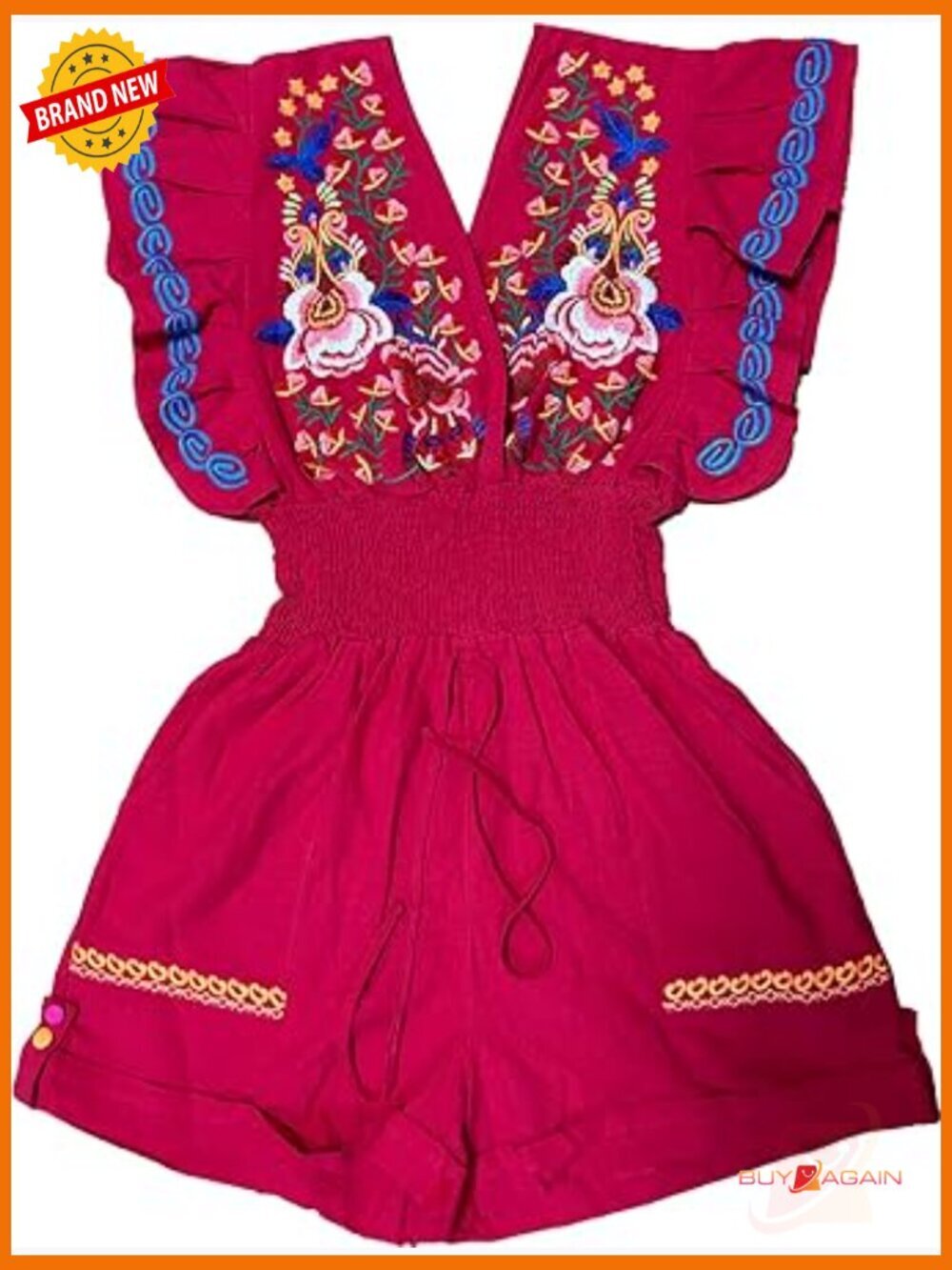 Mexican Embroidered Floral V-Neck Butterfly Sleeve Romper Jumpsuit